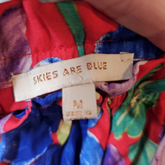 Skies Are Blue Dress Medium Red Blue Floral Shirred Mini Puff Sleeve Bodycon - Picture 5 of 8